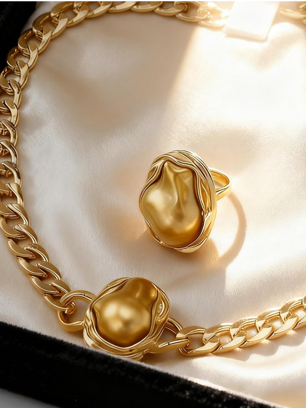 Anthropologie Gold-Tone Sculpted Link Necklace with Coordinating Ring